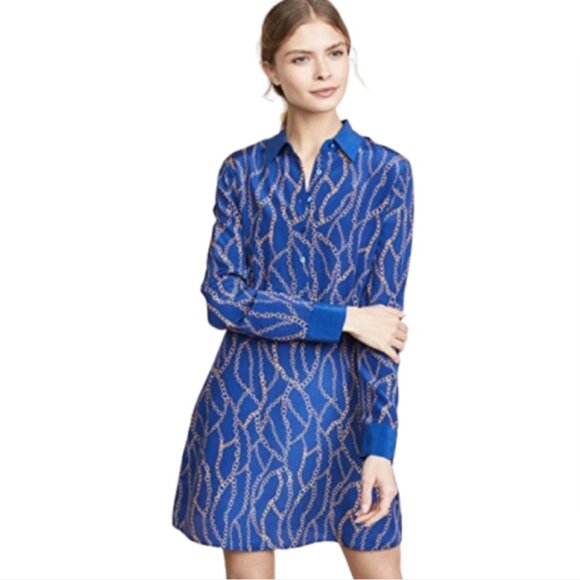 L'Agence Estelle Chain Mini Shirt Dress Womens XS Blue Gold Silk Button Down - Picture 13 of 13